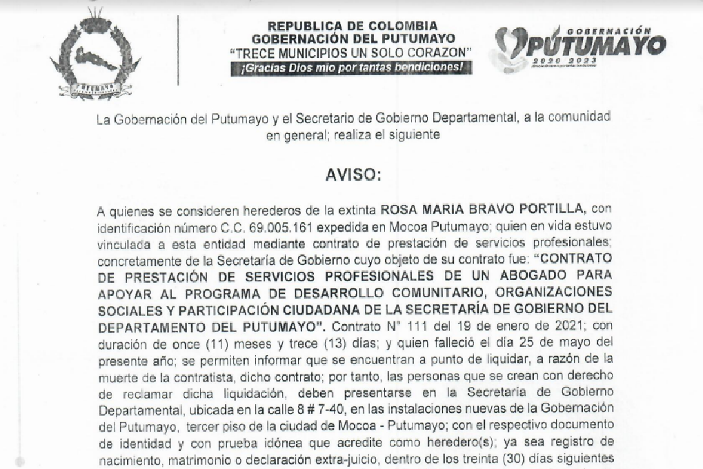 La Gobernación del Putumayo y el Secretario de Gobierno Departamental, a la comunidad en general; realiza el siguiente Aviso: